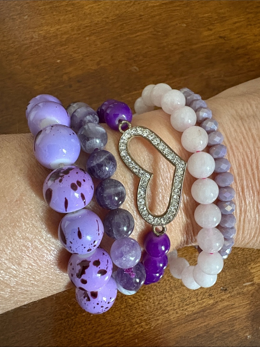 Purple Beaded Heart Accent Stretch Bracelet Set